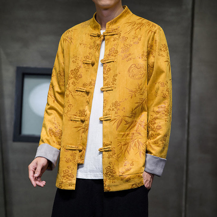Buddha Stones Capodanno cinese vestiti fiori bambù tinta unita polsino rana-bottoni Tang Suit cotone giacca camicia da uomo con tasche