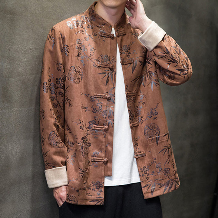 Buddha Stones Capodanno cinese vestiti fiori bambù tinta unita polsino rana-bottoni Tang Suit cotone giacca camicia da uomo con tasche