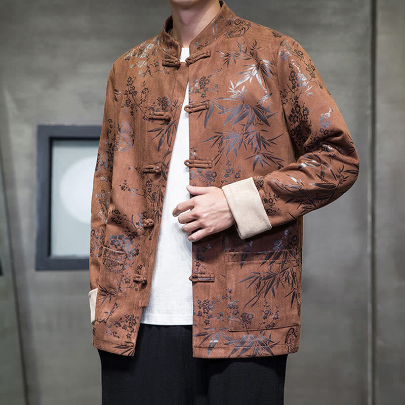 Buddha Stones Capodanno cinese vestiti fiori bambù tinta unita polsino rana-bottoni Tang Suit cotone giacca camicia da uomo con tasche