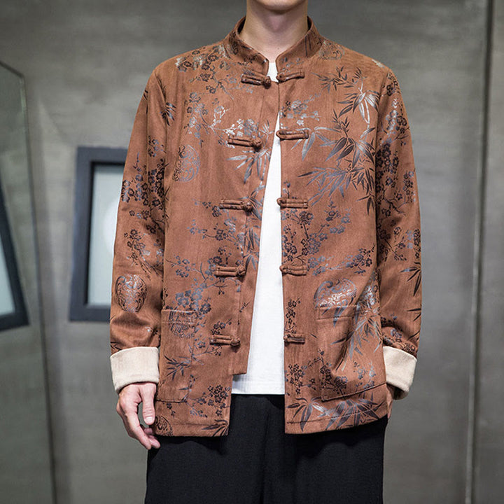 Buddha Stones Capodanno cinese vestiti fiori bambù tinta unita polsino rana-bottoni Tang Suit cotone giacca camicia da uomo con tasche