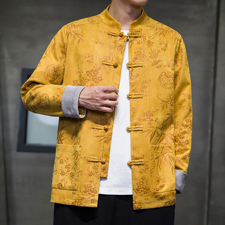 Buddha Stones Capodanno cinese vestiti fiori bambù tinta unita polsino rana-bottoni Tang Suit cotone giacca camicia da uomo con tasche - image 7