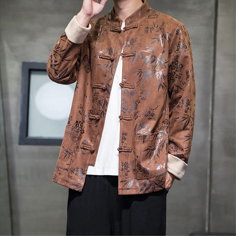 Buddha Stones Capodanno cinese vestiti fiori bambù tinta unita polsino rana-bottoni Tang Suit cotone giacca camicia da uomo con tasche