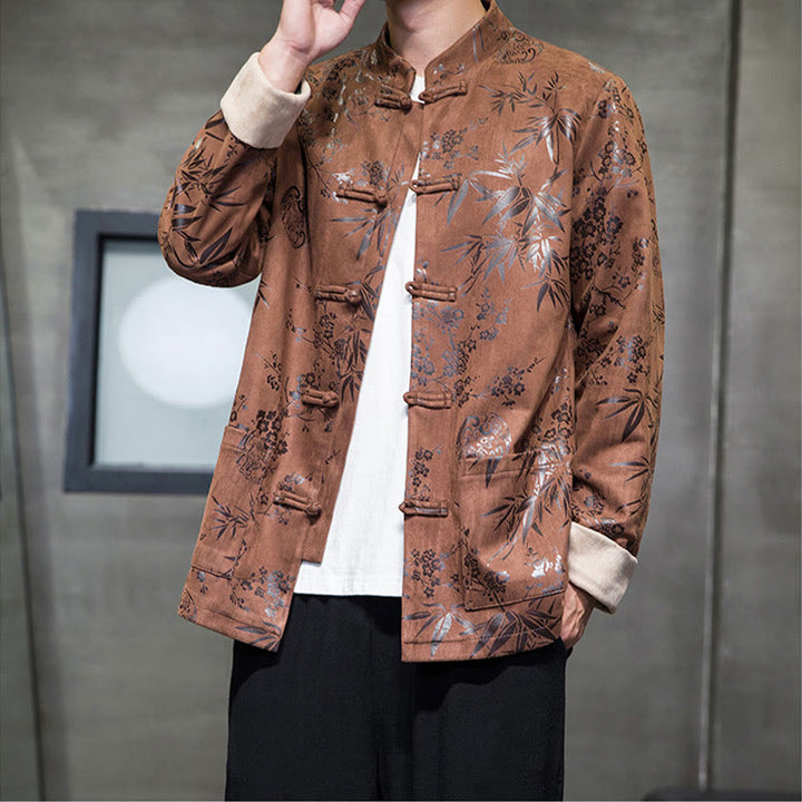 Buddha Stones Capodanno cinese vestiti fiori bambù tinta unita polsino rana-bottoni Tang Suit cotone giacca camicia da uomo con tasche