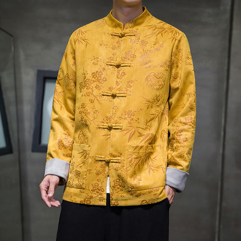 Buddha Stones Capodanno cinese vestiti fiori bambù tinta unita polsino rana-bottoni Tang Suit cotone giacca camicia da uomo con tasche - Oro - US/UK/AU46, EU56 (5XL) - image 0
