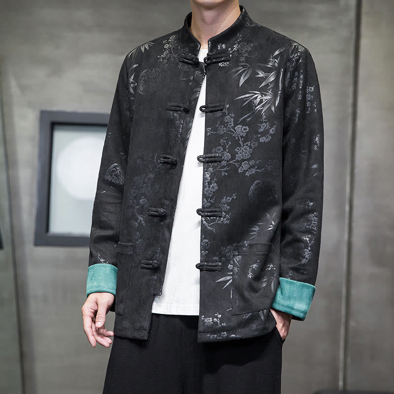 Buddha Stones Capodanno cinese vestiti fiori bambù tinta unita polsino rana-bottoni Tang Suit cotone giacca camicia da uomo con tasche - image 28