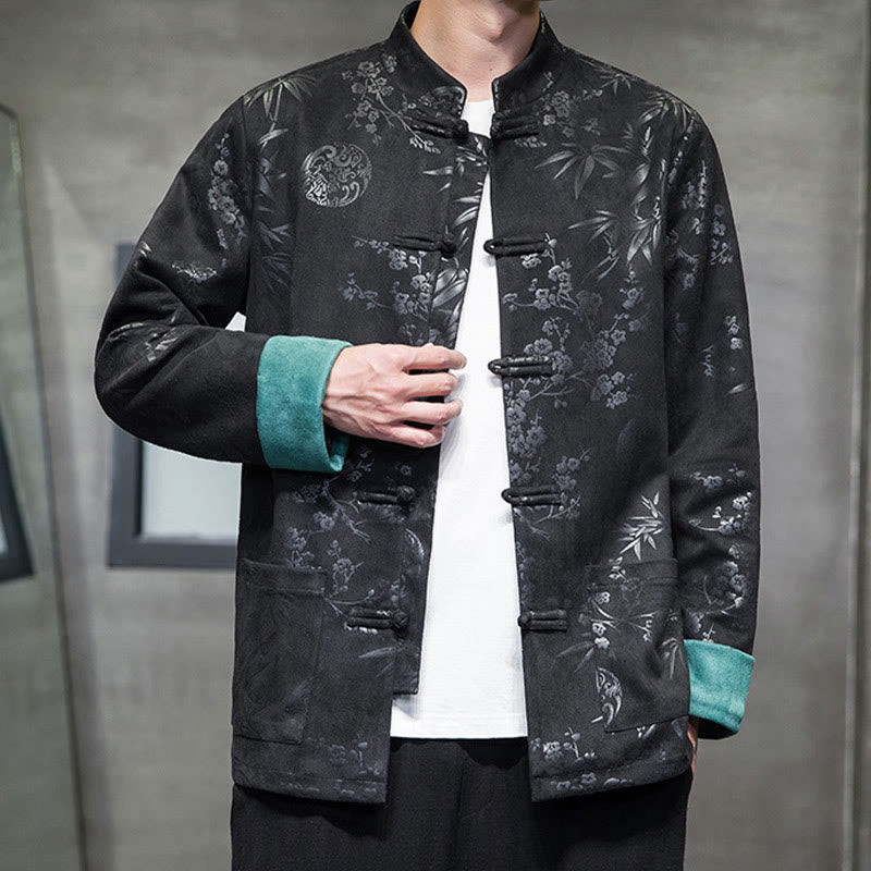 Buddha Stones Capodanno cinese vestiti fiori bambù tinta unita polsino rana-bottoni Tang Suit cotone giacca camicia da uomo con tasche