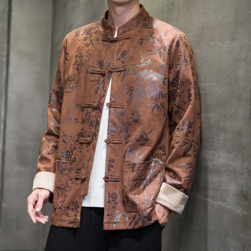 Buddha Stones Capodanno cinese vestiti fiori bambù tinta unita polsino rana-bottoni Tang Suit cotone giacca camicia da uomo con tasche