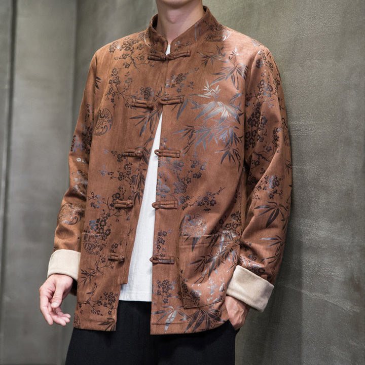 Buddha Stones Capodanno cinese vestiti fiori bambù tinta unita polsino rana-bottoni Tang Suit cotone giacca camicia da uomo con tasche