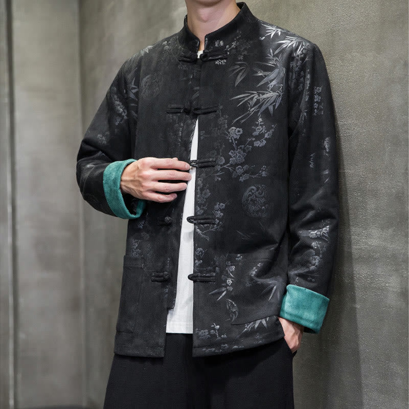 Buddha Stones Capodanno cinese vestiti fiori bambù tinta unita polsino rana-bottoni Tang Suit cotone giacca camicia da uomo con tasche - image 26