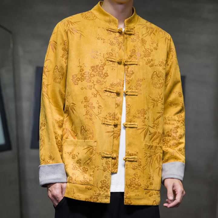 Buddha Stones Capodanno cinese vestiti fiori bambù tinta unita polsino rana-bottoni Tang Suit cotone giacca camicia da uomo con tasche - image 4