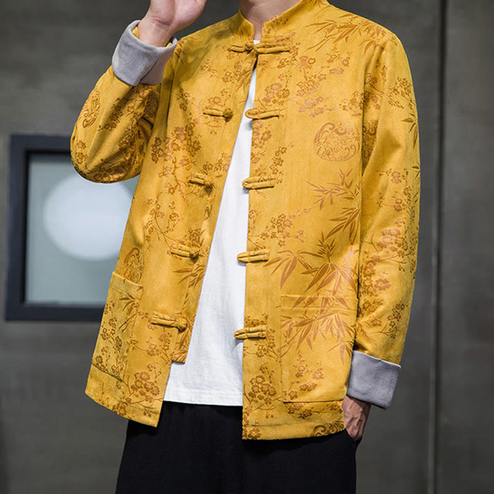 Buddha Stones Capodanno cinese vestiti fiori bambù tinta unita polsino rana-bottoni Tang Suit cotone giacca camicia da uomo con tasche