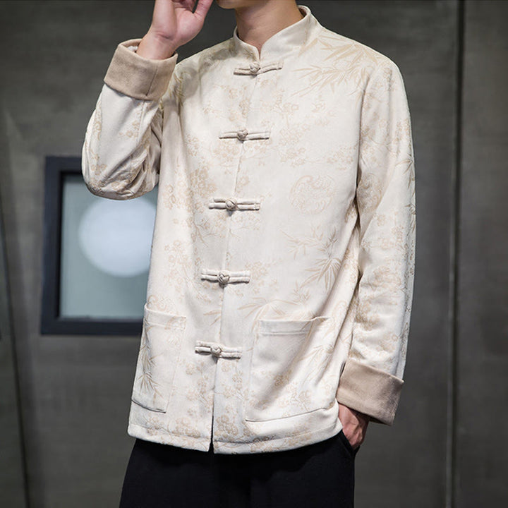 Buddha Stones Capodanno cinese vestiti fiori bambù tinta unita polsino rana-bottoni Tang Suit cotone giacca camicia da uomo con tasche - Beige - US/UK/AU46, EU56 (5XL) - image 43