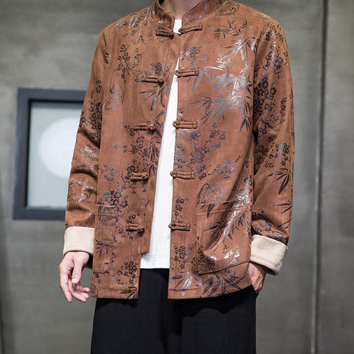 Buddha Stones Capodanno cinese vestiti fiori bambù tinta unita polsino rana-bottoni Tang Suit cotone giacca camicia da uomo con tasche