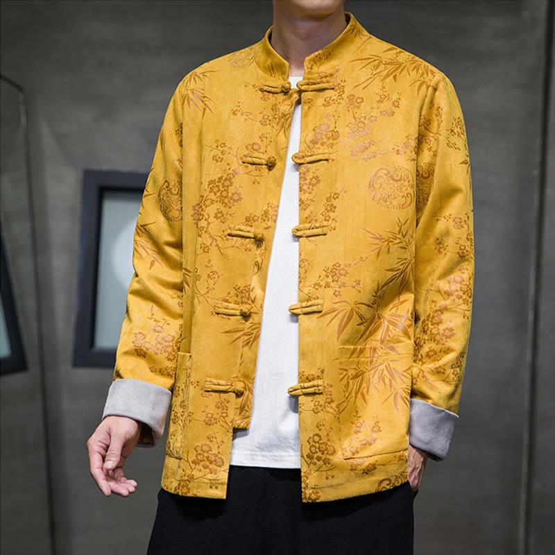 Buddha Stones Capodanno cinese vestiti fiori bambù tinta unita polsino rana-bottoni Tang Suit cotone giacca camicia da uomo con tasche - image 1