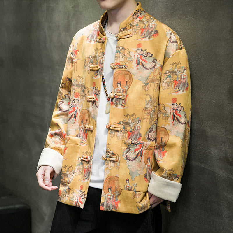 Buddha Stones Vestiti per il capodanno cinese Figura antica Pittura Polsino tinta unita Rana-bottoni Tang Suit Giacca da uomo in cotone Camicia con tasche