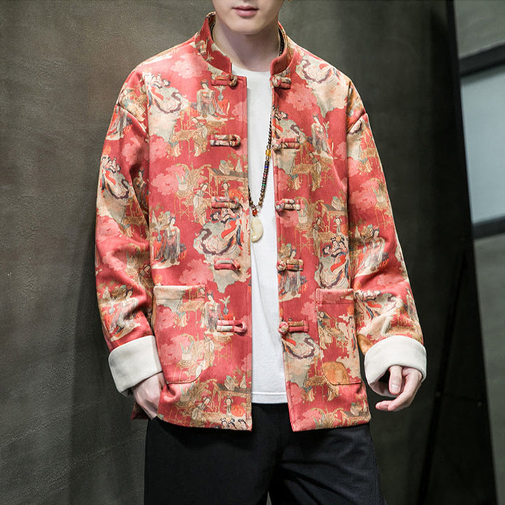 Buddha Stones Vestiti per il capodanno cinese Figura antica Pittura Polsino tinta unita Rana-bottoni Tang Suit Giacca da uomo in cotone Camicia con tasche