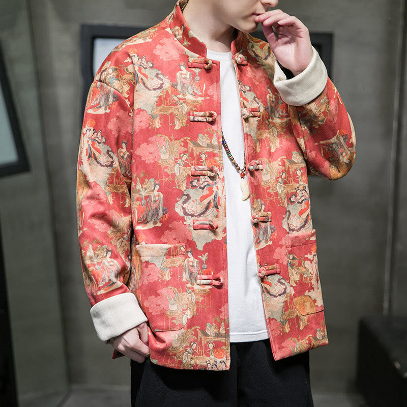 Buddha Stones Vestiti per il capodanno cinese Figura antica Pittura Polsino tinta unita Rana-bottoni Tang Suit Giacca da uomo in cotone Camicia con tasche