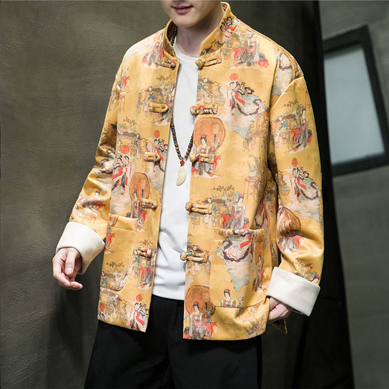 Buddha Stones Vestiti per il capodanno cinese Figura antica Pittura Polsino tinta unita Rana-bottoni Tang Suit Giacca da uomo in cotone Camicia con tasche