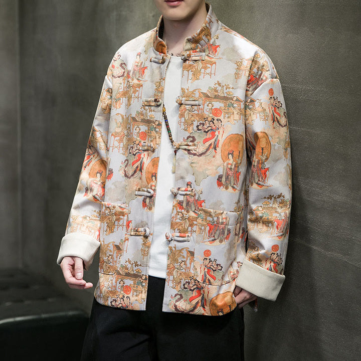 Buddha Stones Vestiti per il capodanno cinese Figura antica Pittura Polsino tinta unita Rana-bottoni Tang Suit Giacca da uomo in cotone Camicia con tasche