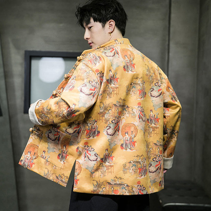 Buddha Stones Vestiti per il capodanno cinese Figura antica Pittura Polsino tinta unita Rana-bottoni Tang Suit Giacca da uomo in cotone Camicia con tasche