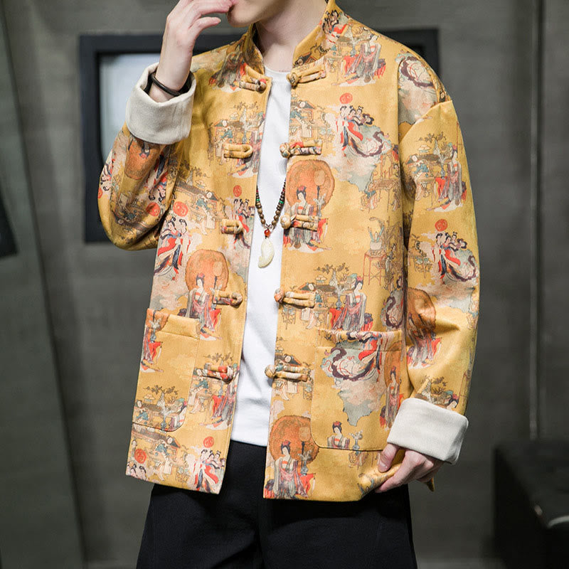 Buddha Stones Vestiti per il capodanno cinese Figura antica Pittura Polsino tinta unita Rana-bottoni Tang Suit Giacca da uomo in cotone Camicia con tasche