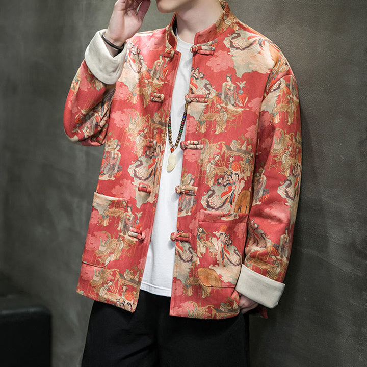 Buddha Stones Vestiti per il capodanno cinese Figura antica Pittura Polsino tinta unita Rana-bottoni Tang Suit Giacca da uomo in cotone Camicia con tasche