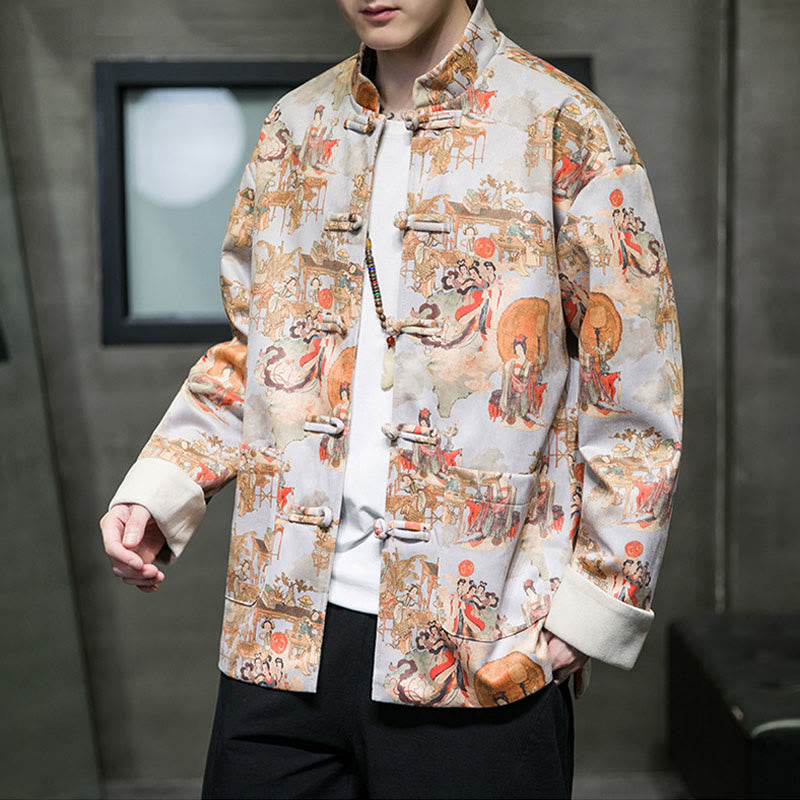 Buddha Stones Vestiti per il capodanno cinese Figura antica Pittura Polsino tinta unita Rana-bottoni Tang Suit Giacca da uomo in cotone Camicia con tasche