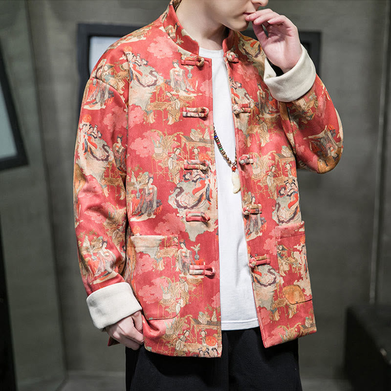 Buddha Stones Vestiti per il capodanno cinese Figura antica Pittura Polsino tinta unita Rana-bottoni Tang Suit Giacca da uomo in cotone Camicia con tasche