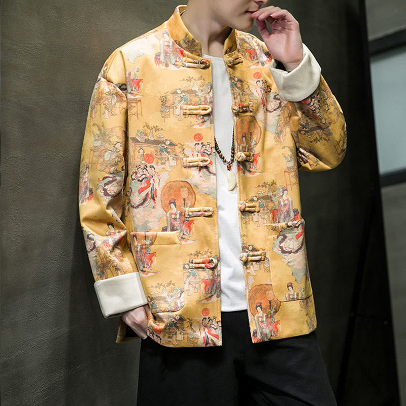 Buddha Stones Vestiti per il capodanno cinese Figura antica Pittura Polsino tinta unita Rana-bottoni Tang Suit Giacca da uomo in cotone Camicia con tasche