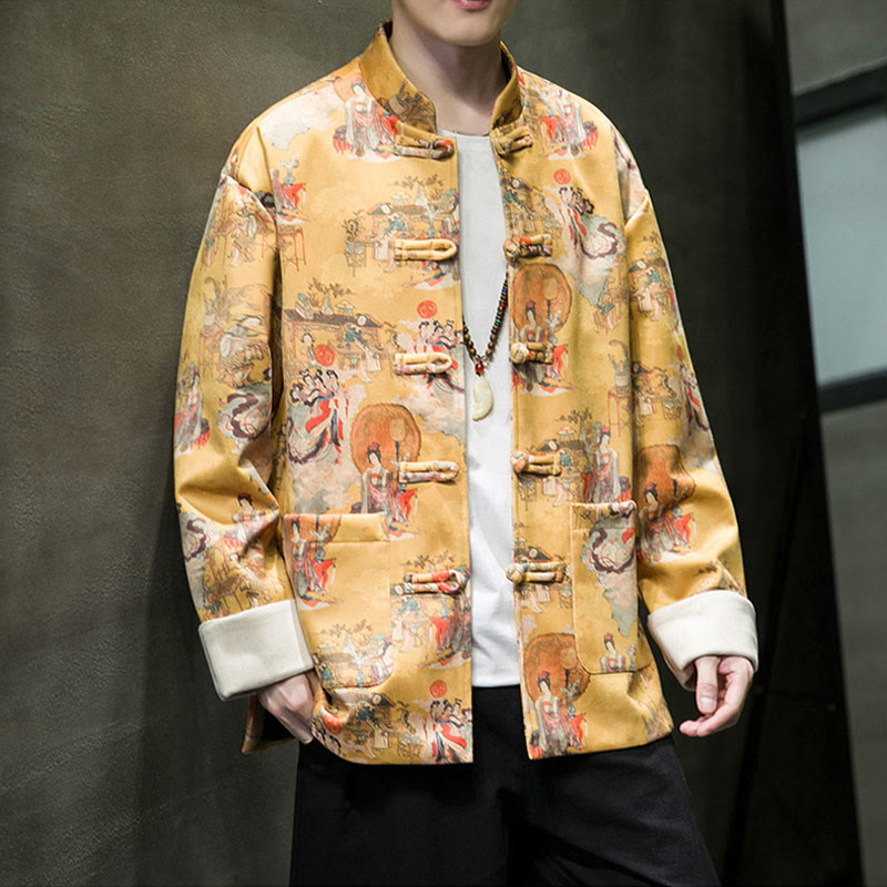 Buddha Stones Vestiti per il capodanno cinese Figura antica Pittura Polsino tinta unita Rana-bottoni Tang Suit Giacca da uomo in cotone Camicia con tasche