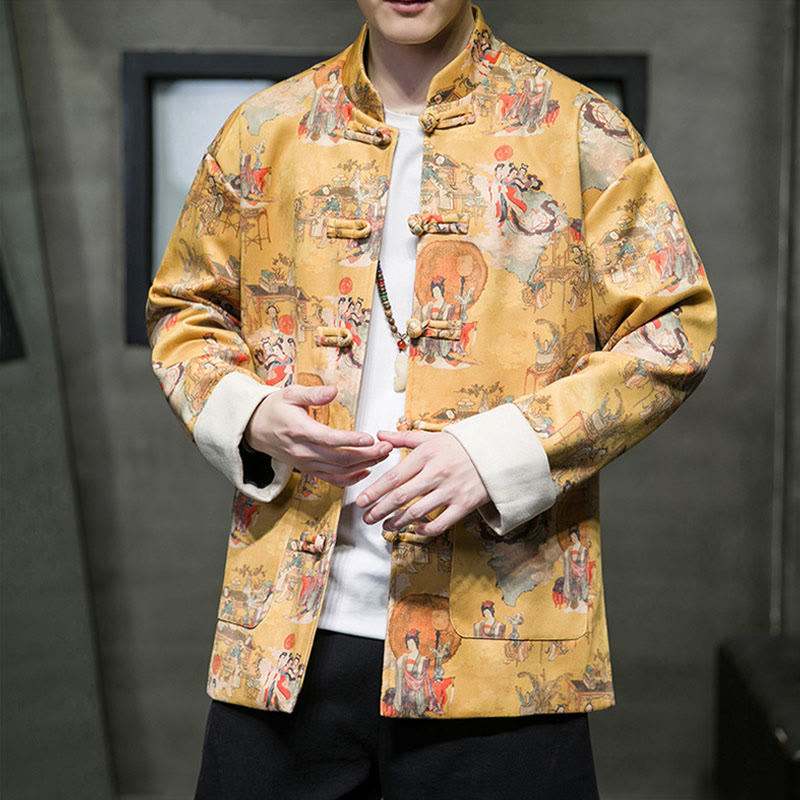 Buddha Stones Vestiti per il capodanno cinese Figura antica Pittura Polsino tinta unita Rana-bottoni Tang Suit Giacca da uomo in cotone Camicia con tasche