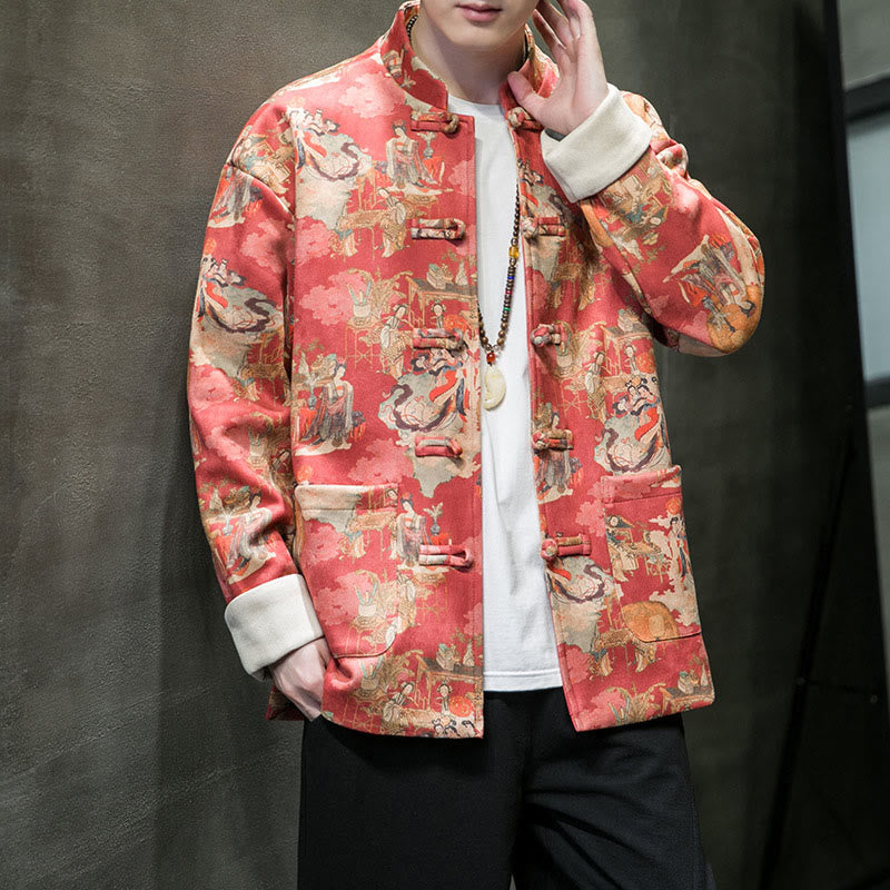 Buddha Stones Vestiti per il capodanno cinese Figura antica Pittura Polsino tinta unita Rana-bottoni Tang Suit Giacca da uomo in cotone Camicia con tasche