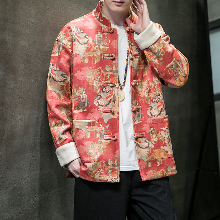Buddha Stones Vestiti per il capodanno cinese Figura antica Pittura Polsino tinta unita Rana-bottoni Tang Suit Giacca da uomo in cotone Camicia con tasche
