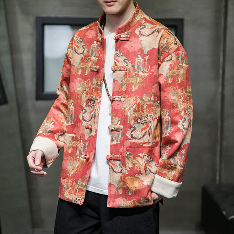 Buddha Stones Vestiti per il capodanno cinese Figura antica Pittura Polsino tinta unita Rana-bottoni Tang Suit Giacca da uomo in cotone Camicia con tasche - Arancione Rosso - US/UK/AU46, EU56 (5XL) - image 0