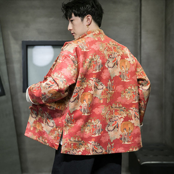 Buddha Stones Vestiti per il capodanno cinese Figura antica Pittura Polsino tinta unita Rana-bottoni Tang Suit Giacca da uomo in cotone Camicia con tasche