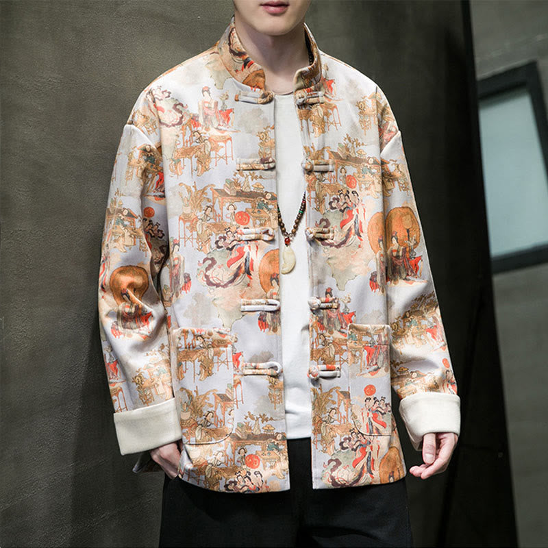 Buddha Stones Vestiti per il capodanno cinese Figura antica Pittura Polsino tinta unita Rana-bottoni Tang Suit Giacca da uomo in cotone Camicia con tasche