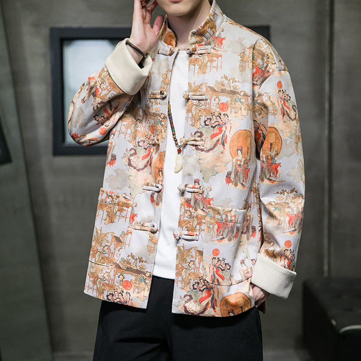 Buddha Stones Vestiti per il capodanno cinese Figura antica Pittura Polsino tinta unita Rana-bottoni Tang Suit Giacca da uomo in cotone Camicia con tasche