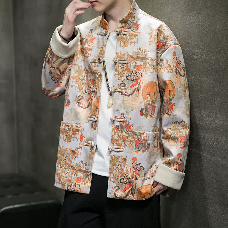 Buddha Stones Vestiti per il capodanno cinese Figura antica Pittura Polsino tinta unita Rana-bottoni Tang Suit Giacca da uomo in cotone Camicia con tasche