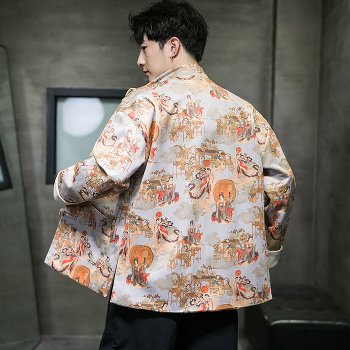 Buddha Stones Vestiti per il capodanno cinese Figura antica Pittura Polsino tinta unita Rana-bottoni Tang Suit Giacca da uomo in cotone Camicia con tasche