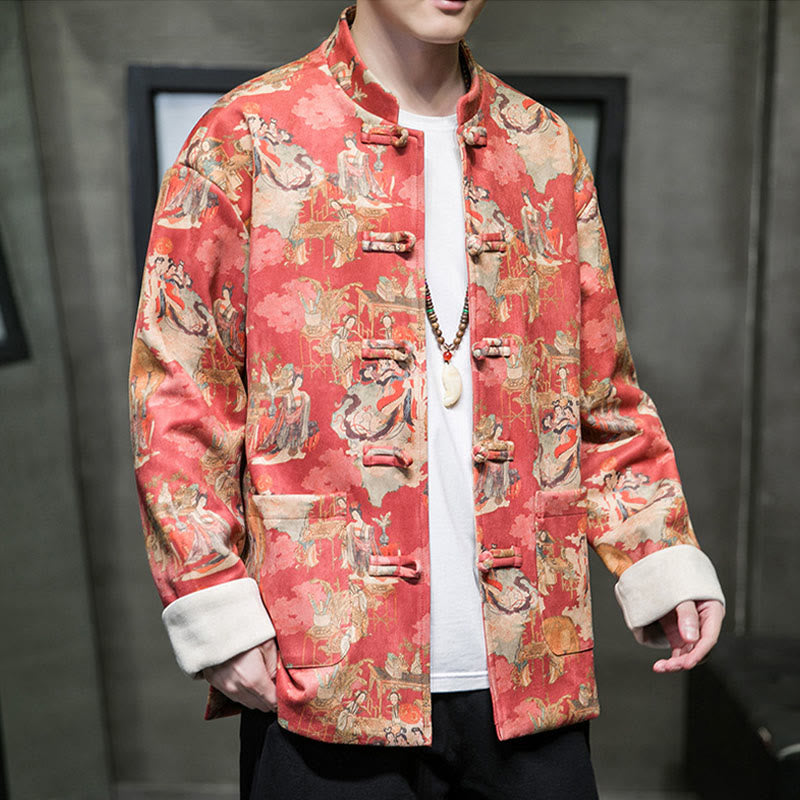 Buddha Stones Vestiti per il capodanno cinese Figura antica Pittura Polsino tinta unita Rana-bottoni Tang Suit Giacca da uomo in cotone Camicia con tasche