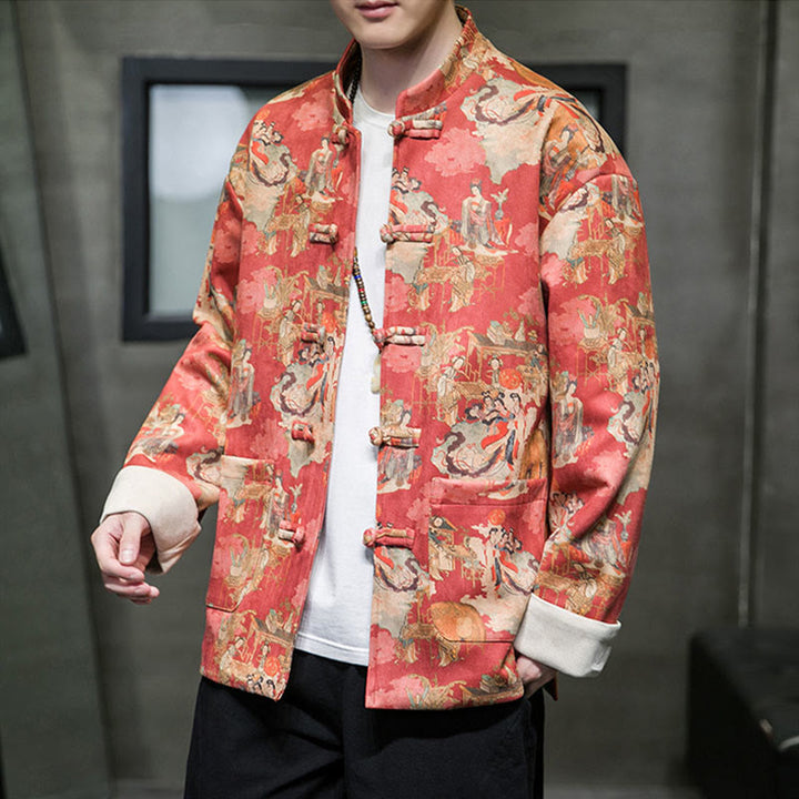 Buddha Stones Vestiti per il capodanno cinese Figura antica Pittura Polsino tinta unita Rana-bottoni Tang Suit Giacca da uomo in cotone Camicia con tasche - Arancione Rosso - US/UK/AU46, EU56 (5XL) - image 0