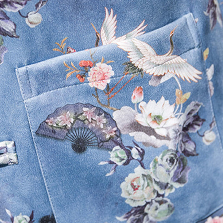 Buddha Stones Vestiti per il capodanno cinese Fiori Ventaglio Uccelli Rana-bottoni Tang Suit Giacca da uomo in cotone Camicia con tasche - image 17