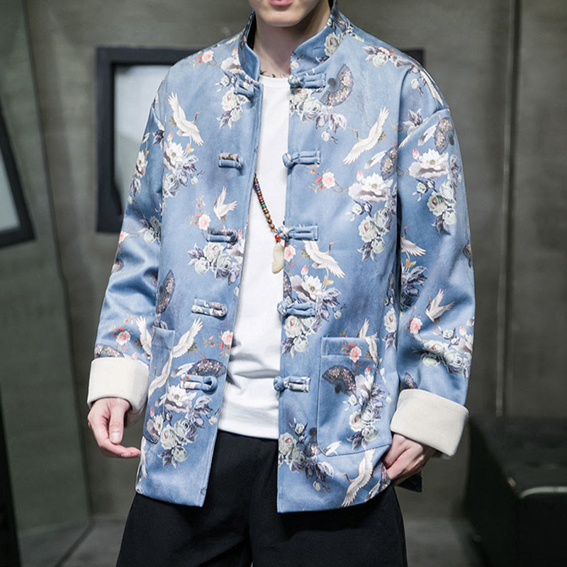 Buddha Stones Vestiti per il capodanno cinese Fiori Ventaglio Uccelli Rana-bottoni Tang Suit Giacca da uomo in cotone Camicia con tasche - image 10