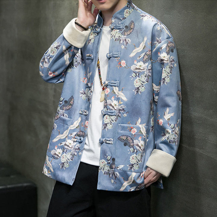 Buddha Stones Vestiti per il capodanno cinese Fiori Ventaglio Uccelli Rana-bottoni Tang Suit Giacca da uomo in cotone Camicia con tasche - image 11