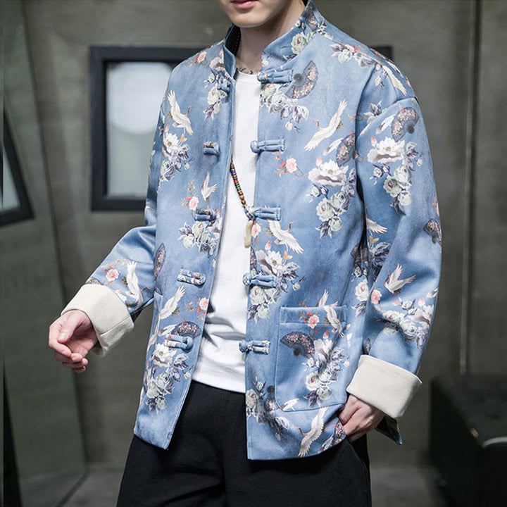 Buddha Stones Vestiti per il capodanno cinese Fiori Ventaglio Uccelli Rana-bottoni Tang Suit Giacca da uomo in cotone Camicia con tasche - image 15