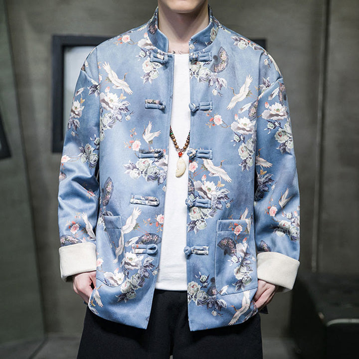 Buddha Stones Vestiti per il capodanno cinese Fiori Ventaglio Uccelli Rana-bottoni Tang Suit Giacca da uomo in cotone Camicia con tasche - Azzurro cielo chiaro - US/UK/AU46, EU56 (5XL) - image 8