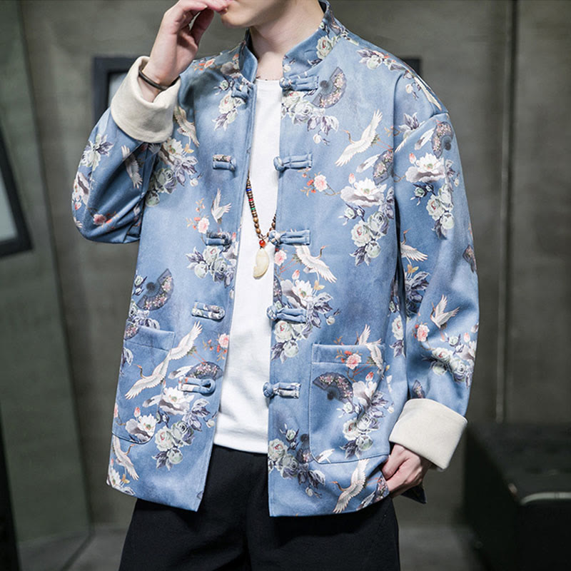 Buddha Stones Vestiti per il capodanno cinese Fiori Ventaglio Uccelli Rana-bottoni Tang Suit Giacca da uomo in cotone Camicia con tasche - image 9