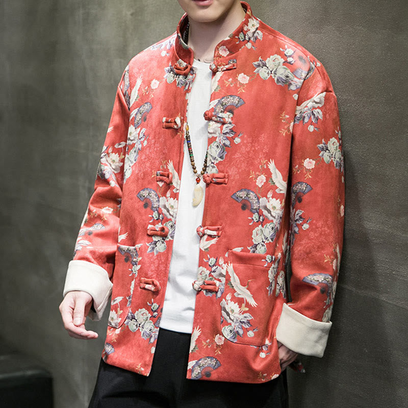 Buddha Stones Vestiti per il capodanno cinese Fiori Ventaglio Uccelli Rana-bottoni Tang Suit Giacca da uomo in cotone Camicia con tasche - image 3