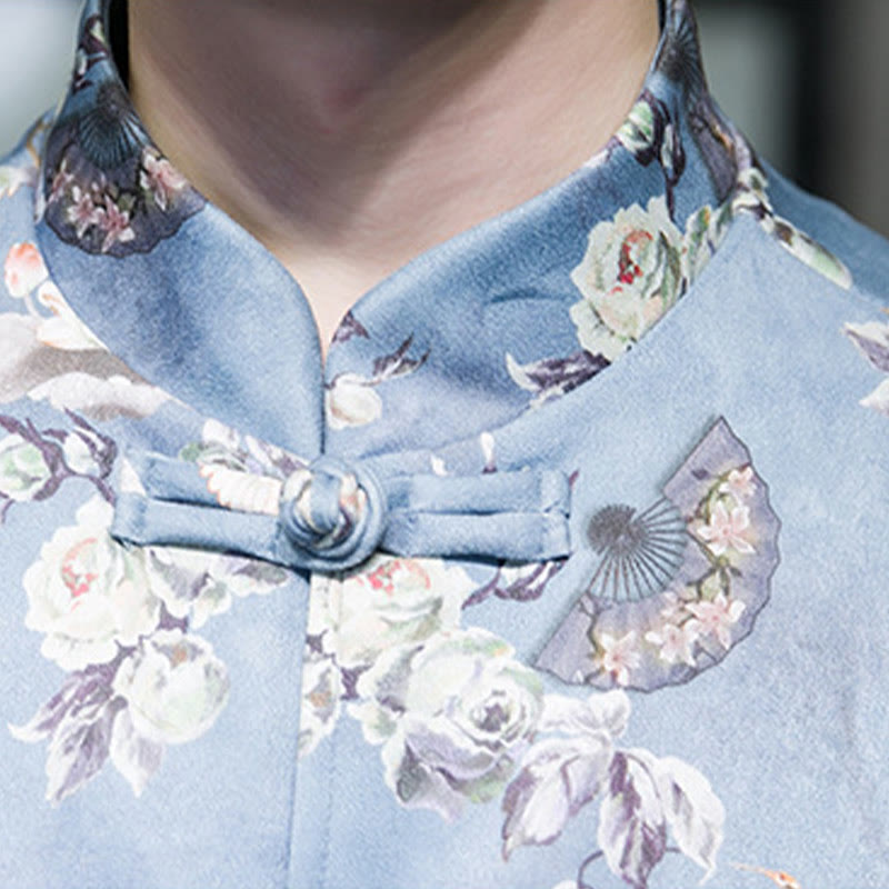 Buddha Stones Vestiti per il capodanno cinese Fiori Ventaglio Uccelli Rana-bottoni Tang Suit Giacca da uomo in cotone Camicia con tasche - image 16