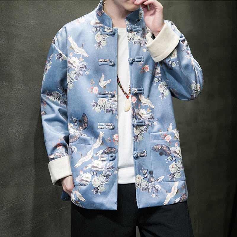 Buddha Stones Vestiti per il capodanno cinese Fiori Ventaglio Uccelli Rana-bottoni Tang Suit Giacca da uomo in cotone Camicia con tasche - image 13